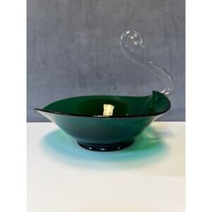 Vintage Art Glass Emerald Green And Clear Neck Swan Dish